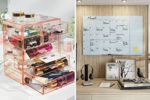 on left: pink makeup and jewelry organizer. on right: white dry erase calendar on wall