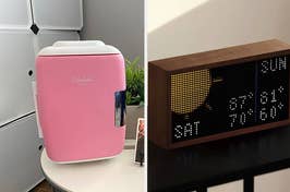 to the left: a tiny pink beauty fridge, to the right: a clock with various apps