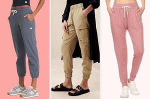 Three models showcasing jogger pants; left to right: casual, utility, and relaxed fit styles for shopping reference