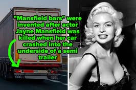 Semi-truck underride guard, text about its origin after Jayne Mansfield's accident, beside her photo