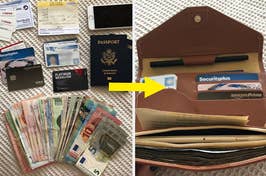 images showing how much fits in the travel wallet