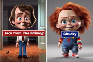 Split image: Left, Jack from The Shining in pixar style, and right, pixar rendition of Chucky