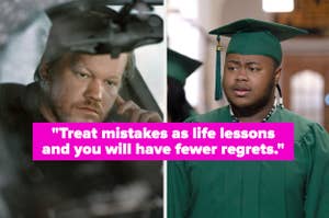Image with two scenes: Left, a man gazes thoughtfully. Right, a graduate in cap and gown looks ahead. Quote: "Treat mistakes as life lessons and you will have fewer regrets."