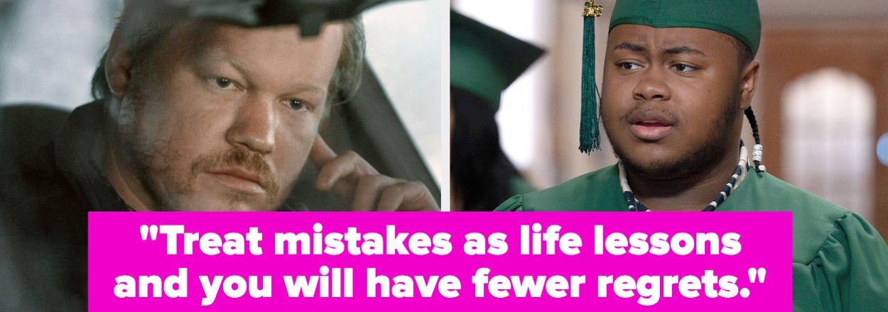 Image with two scenes: Left, a man gazes thoughtfully. Right, a graduate in cap and gown looks ahead. Quote: "Treat mistakes as life lessons and you will have fewer regrets."