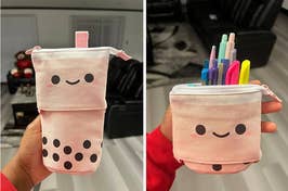 Cute pink pencil case shaped like a boba tea that slides down to reveal the stationery inside