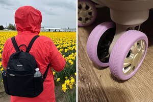 Person in raincoat with anti theft backpack facing tulip field; close-up of suitcase wheel covers