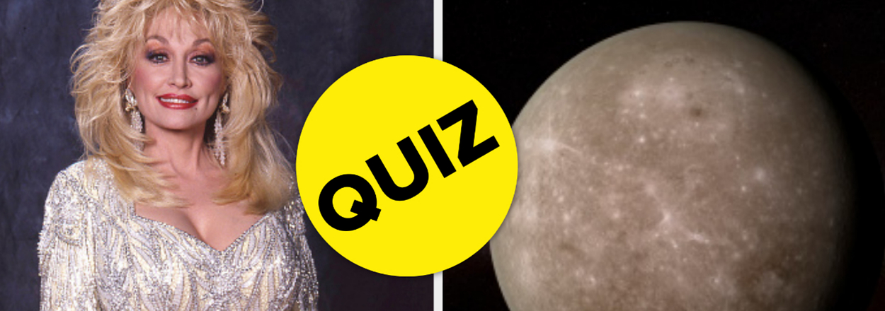 Dolly Parton stands next to a quiz sign; a planet is shown on the right. She's in a glittering outfit