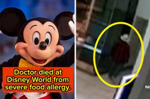 Mickey Mouse character on the left; blurred image with a circled figure on the right, implying a sighting. Text discusses a doctor's allergy incident