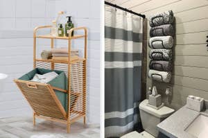 Bathroom storage solutions: a shelving unit with towels and a wall-mounted rack holding rolled towels