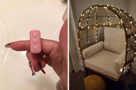 Person holding a remote control and a cozy chair with warm string lights, ideal for a home shopping article