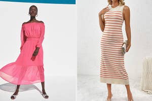 Two models in summer dresses; one off-shoulder pink, the other striped with a scoop neck