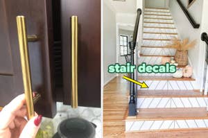 A split image showing brass cabinet pulls on the left and a staircase with decorative decals on the right