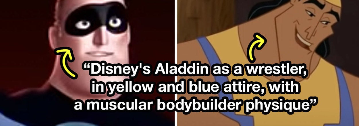 Disney's Aladdin with a wrestler's build, in a costume mashup, beside original slim Aladdin