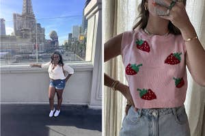 Left: Woman posing with the Las Vegas Strip in the background. Right: Person in a strawberry-themed knit top and denim