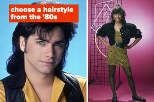 Graphic with two '80s hairstyles: a man with a mullet, and a woman in a leopard print dress with voluminous hair