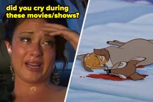 Collage of a crying woman and a scene from an animated movie with a grieving character beside another lying on the ground. Text: "did you cry during these movies/shows?"