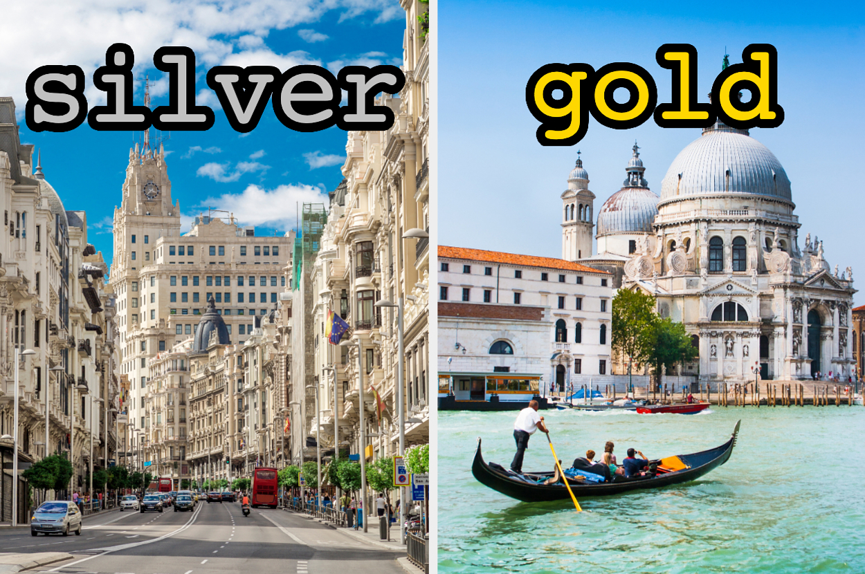 On the left, the streets of Madrid labeled silver, and on the right, a gondola in a canal in Venice labeled gold