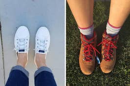 on left: reviewer wearing white Sperry sneakers; on right: reviewer wearing brown Columbia hiking boots