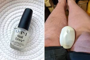 Bottle of OPI Nail Envy next to an electric hair removal device on a person's leg