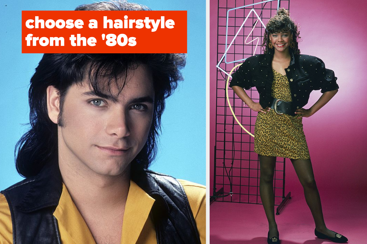 Graphic with two '80s hairstyles: a man with a mullet, and a woman in a leopard print dress with voluminous hair