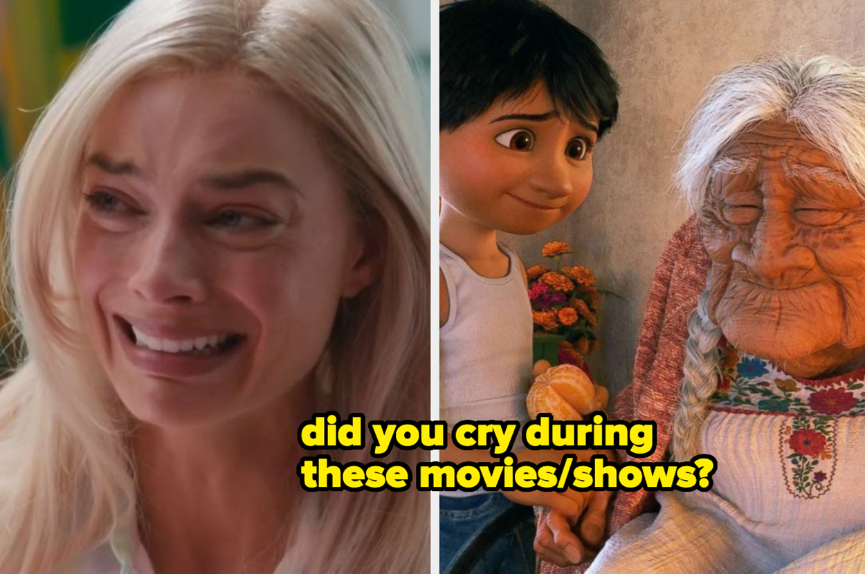 Two scenes: woman crying from a movie; animated boy and grandmother from Coco. Text asks if viewer cried during these shows