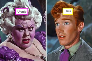 Ursula and Hans from Disney films, shown in split-screen, both with surprised expressions