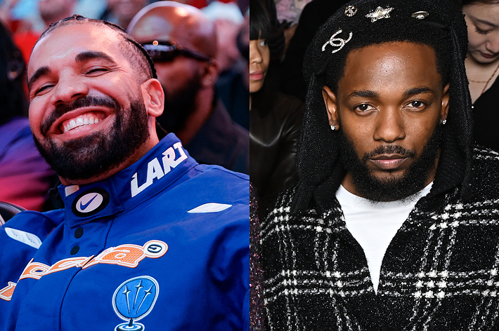 Drake smiling in a sports jacket, Kendrick Lamar in a textured coat with a hat. Both looking away from camera