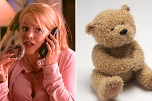 On the left, Regina George eating a chocolate donut and holding a phone to her ear, and on the right, a sweet, fuzzy teddy bear