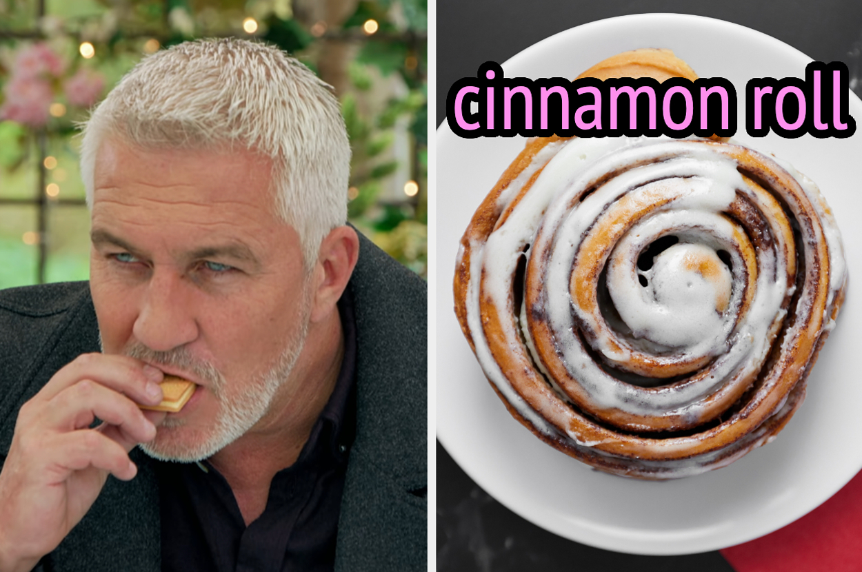 On the left, Paul Hollywood eating a cookie on The Great British Baking Show, and on the right, a cinnamon roll on a plate