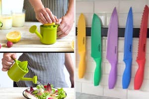 A person juicing a lemon using a green handheld citrus juicer; colorful non-stick kitchen knives on a magnetic strip
