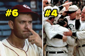 Split photo: Left shows Tom Hanks as a baseball player touching his nose, right shows a team celebrating a win