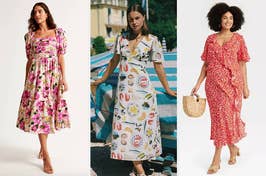 models in three different styles of printed dresses