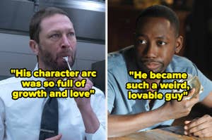 Two scenes from a TV show featuring male actors, one eating, with quotes about character development