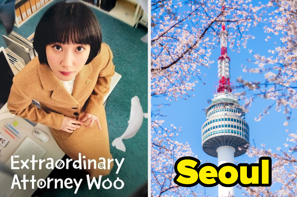 Left: Woman in office attire posed at desk. Right: Seoul Tower framed by cherry blossoms