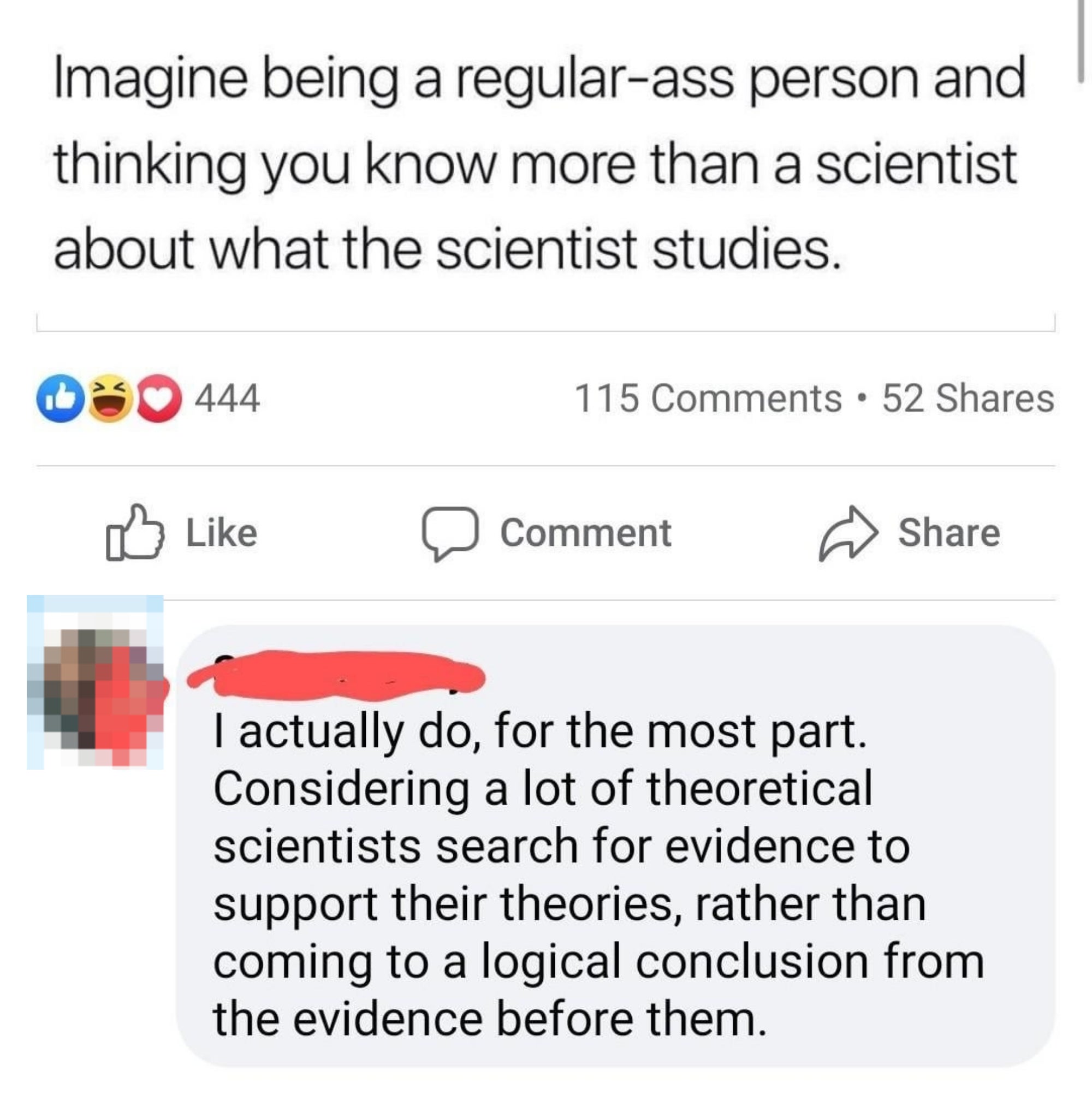 A screenshot of tweets discussing how scientists generally look for evidence to support their theories rather than the opposite