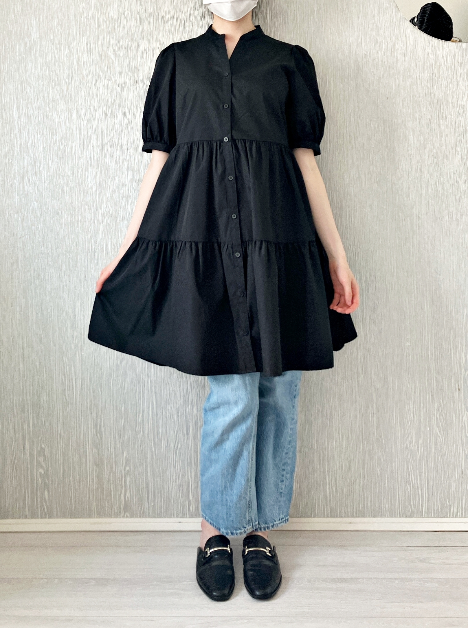 GU（ジーユー）のおすすめワンピース「ティアードVネックミニワンピース（5分袖）OSB+EC」