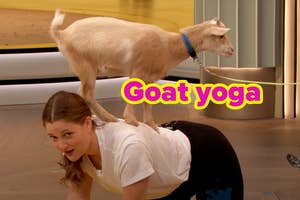 Drew Barrymore in a tabletop yoga pose with a goat standing on her back, text "Goat yoga" is overlaid.