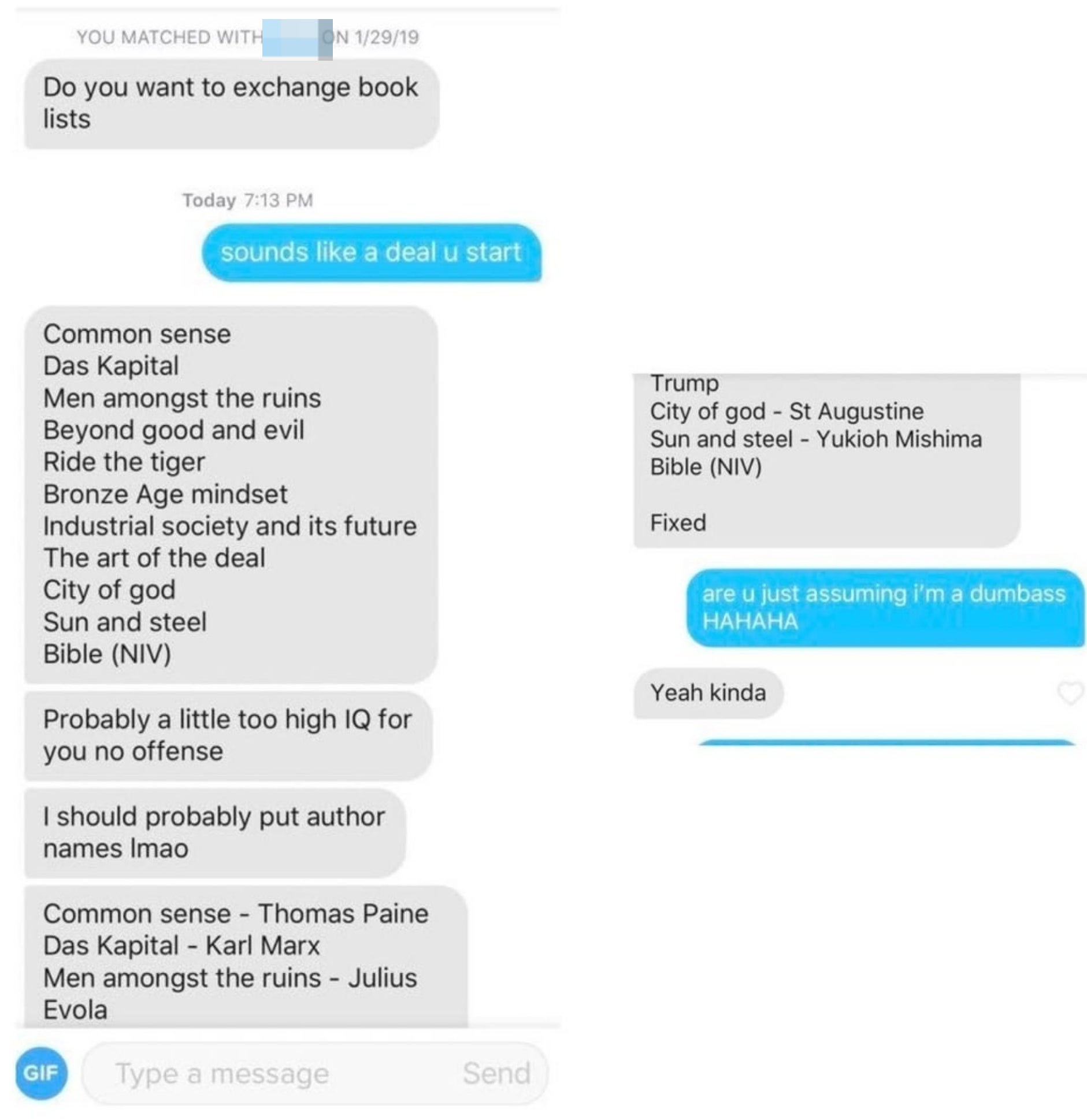 Screenshot of a humorous text exchange with a dating app match discussing book titles with altered funny names