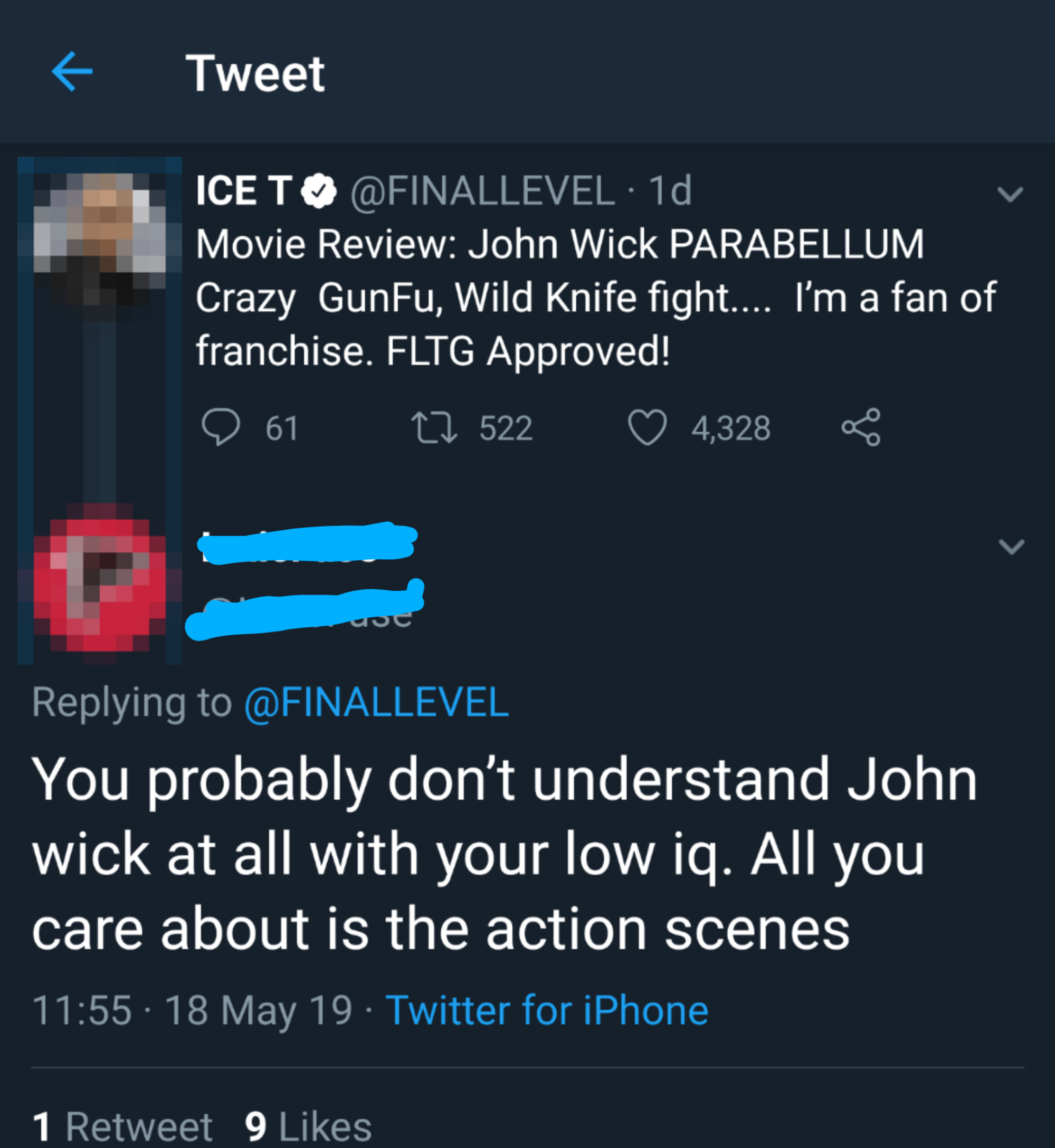 Tweet by user &#x27;ICET&#x27; praising the John Wick movie franchise. Another user replies with a critical comment