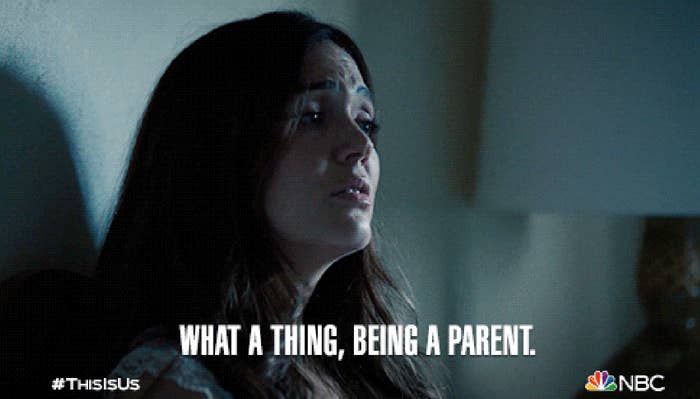 Woman looks contemplative with caption &quot;What a thing, being a parent.&quot; from TV show #ThisIsUs