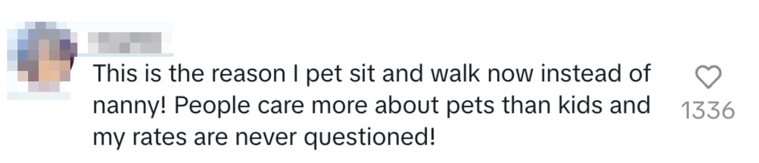 Sophie&#x27;s social media post about preferring pet sitting over nannying due to better appreciation and rates, with likes