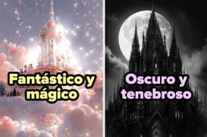 Dos ilustraciones contrastantes: una torre brillante y nublada, otra catedral gótica y luna llena. Texto "Fantástico y mágico" y "Oscuro y tenebroso"