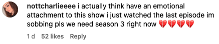 A screenshot of a social media comment expressing emotional attachment to a TV show, pleading for the release of season 3