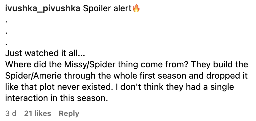 Social media post with a spoiler alert about a TV show discussing an unresolved plotline between characters Missy/Spider and Amerie