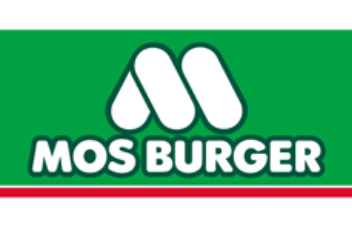 モスバーガーのロゴ、緑と白の背景に赤い文字