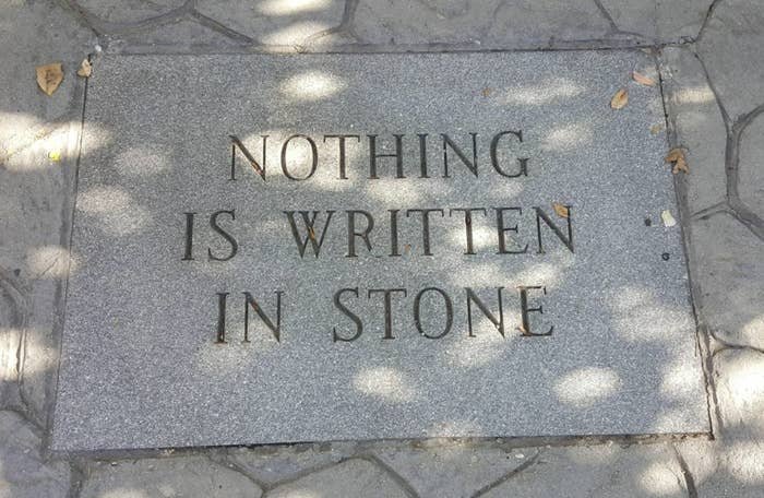 The image shows a stone plaque with the phrase &quot;NOTHING IS WRITTEN IN STONE&quot; engraved on it, surrounded by leaves and sunlight