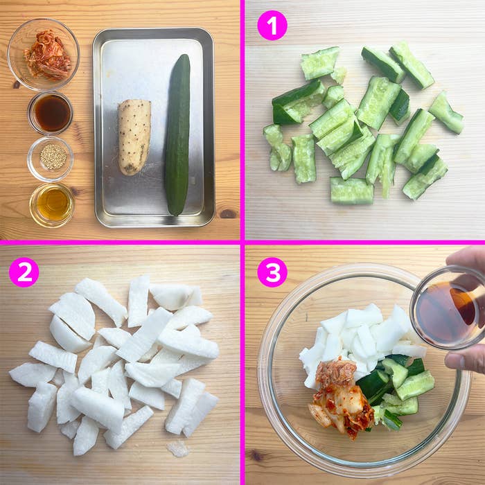 キムチと長芋を使った料理のレシピ手順を示す4分割画像
