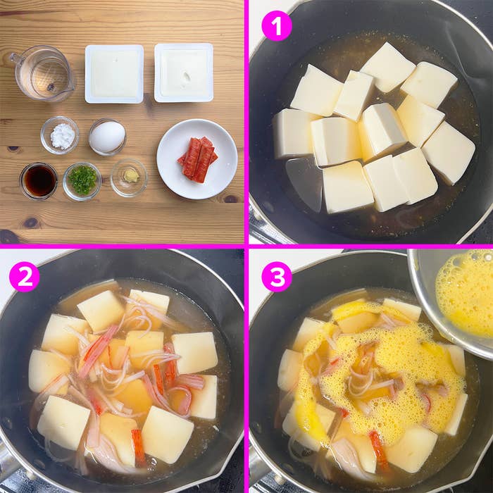 調理手順を示す4コマの画像。材料の準備、鍋に入れる、煮込む、卵を加える工程。