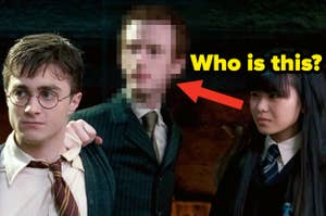 Daniel Radcliffe as Harry Potter, blurred figure, and actress in scene.
