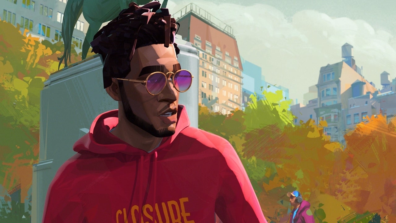 Illustration of a man with sunglasses wearing a hoodie. Background is a stylized city park scene